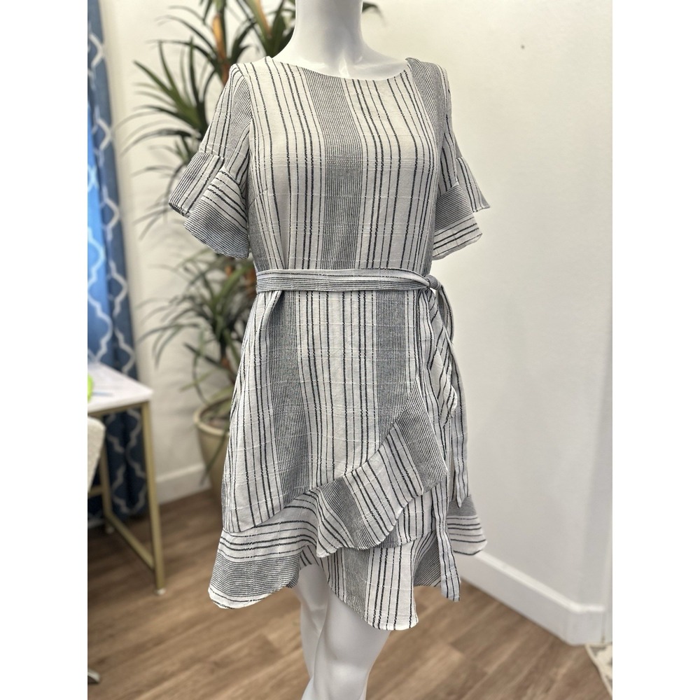 Women Striped Mini Wrap Dress Sz S/M Blue White Ruffle Belted Cotton‎ Linen Look